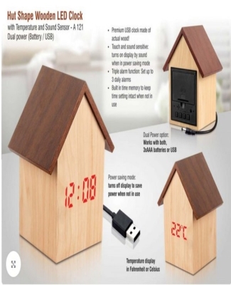 Hut shape wooden LED clock with temperature and sound sensor | Dual power (Battery / USB)