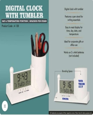 Digital Clock with Tumbler | Day & Temperature Function | Spacious Pen Stand