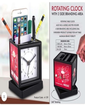 Rotating clock with 3 side branding area | Has pen stand & large stationery holder