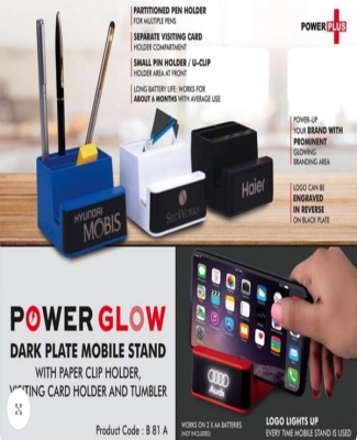 PowerGlow Dark Plate Mobile stand | With paper clip holder, visiting card holder and tumbler | Works on 2 x AA batteries