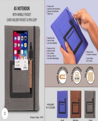 A5 notebook with mobile pocket, card holder pocket & pen loop by Castillo Milano