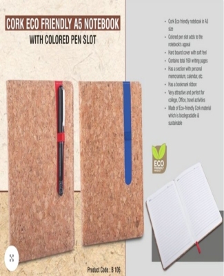 Cork Eco friendly A5 notebook with Colored pen slot | Hard bound cover | With memorandum & Bookmark ribbon| 80 gsm sheets | 160 undated pages