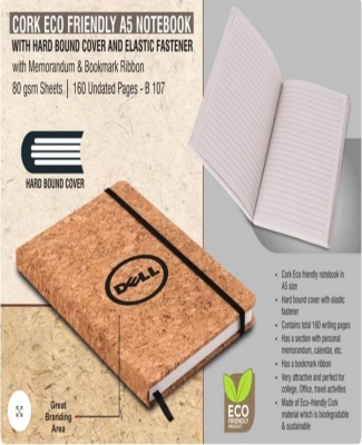 Cork Eco friendly A5 notebook with Hard bound cover and Elastic fastener | With memorandum & Bookmark ribbon | 80 gsm sheets | 160 undated pages