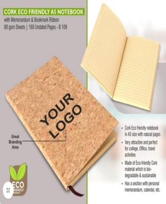 Cork Eco friendly A5 notebook with memorandum & Bookmark ribbon| 80 gsm sheets | 160 undated pages