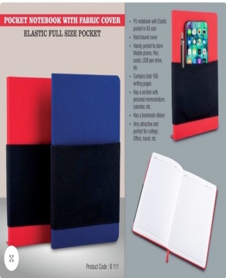 Pocket notebook with Fabric cover | Elastic full size pocket | A5 size | Hard bound cover | With memorandum & Bookmark ribbon| 80 gsm sheets | 160 und