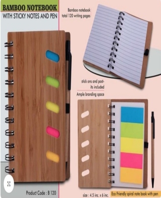 Bamboo notebook with sticky notes and pen