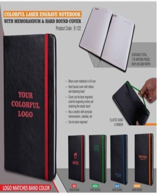 Colorful Laser engrave notebook with Memorandum & Hard bound cover | Elastic band and ribbon | Logo matches band color