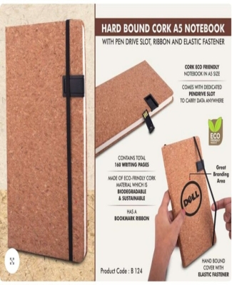 Hard bound Cork A5 notebook with Pen Drive Slot, Ribbon and elastic fastener