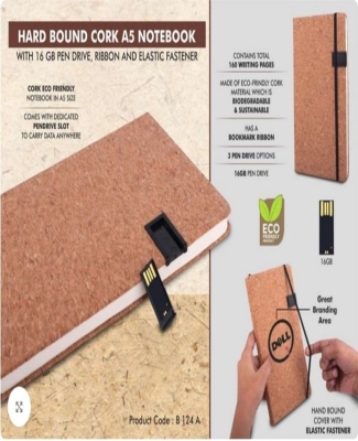 Hard bound Cork A5 notebook with Pen Drive, Ribbon and elastic fastener- 16 GB USB drive