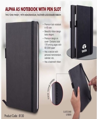 Alpha A5 notebook with Pen Slot | Two tone finish | With memorandum, Fastener & Bookmark ribbon