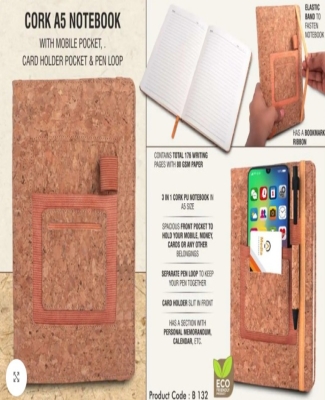 Cork A5 notebook with mobile pocket, card holder pocket & pen loop