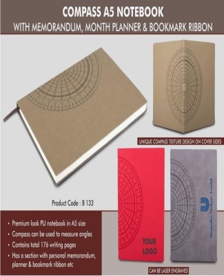 Compass A5 notebook with memorandum, month planner & bookmark ribbon | 176 writing pages