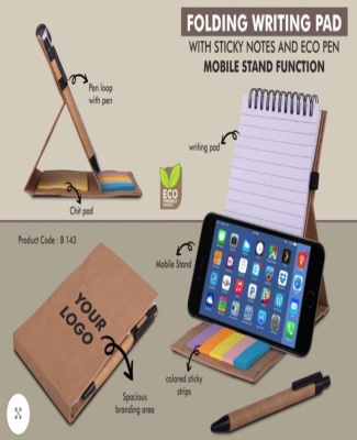 Folding writing pad with Sticky notes and Eco pen | Mobile stand function