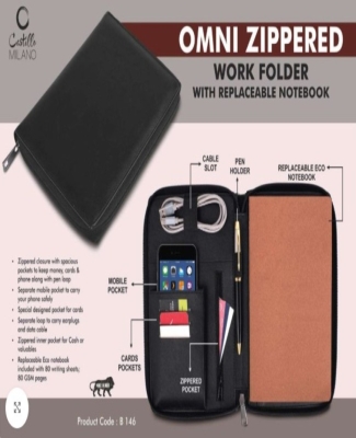 Omni Zippered Work folder with Notebook | Pockets for cards, phone, pen, cables, etc