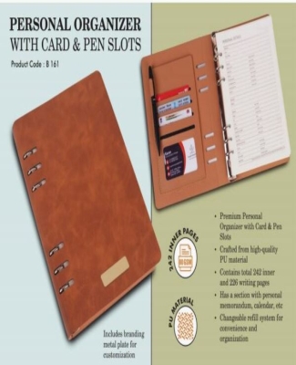 Personal organizer with Card & Pen slots | Metal plate included | Changeable refill