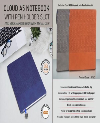 Cloud A5 Notebook with Pen holder slot and Bookmark Ribbon with Metal clip