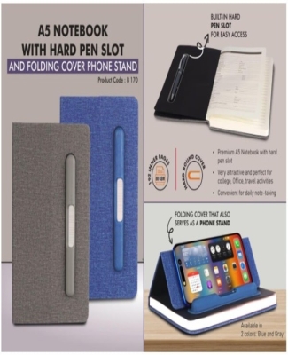 A5 Notebook with Hard pen slot and Folding cover Phone Stand