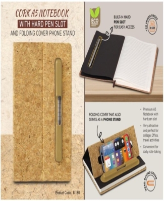 Cork A5 Notebook with Hard pen slot and Folding cover Phone Stand