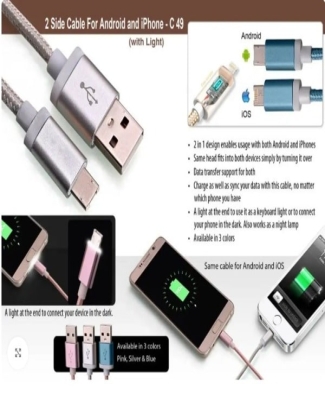 2 side cable for Android and iPhone with light