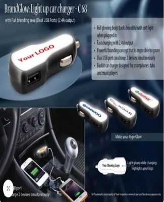 BrandGlow: Light up car charger with Full branding area (Dual USB Ports) (2.4A output)