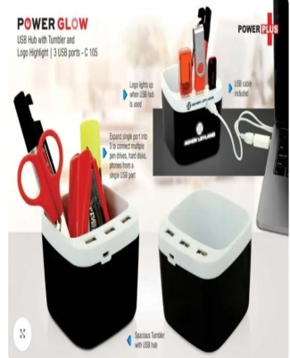 Power Glow USB hub with tumbler and logo highlight | 3 USB ports