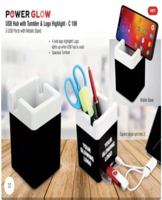 Power Glow USB hub with tumbler and logo highlight | 3 USB ports | with mobile stand