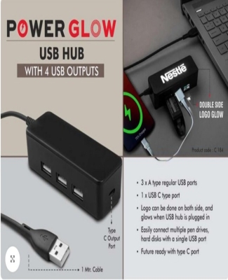 PowerGlow USB hub with 4 USB outputs | Double side Logo Glow | Type C output port | 1 mtr cable