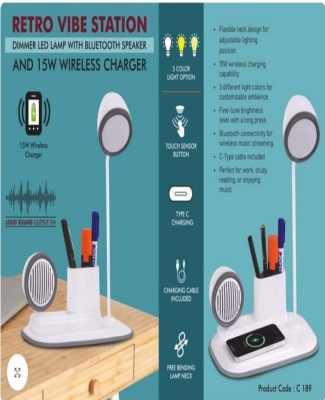 RetroVibe Station: Dimmer LED Lamp with Bluetooth speaker & 15W Wireless Charger