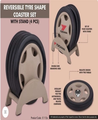 Reversible Tyre shape coaster set with stand (4 pcs)