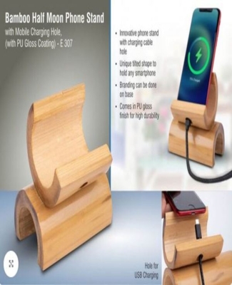 Bamboo Half moon phone stand with mobile Charging hole, (with PU Gloss coating)