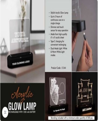 Acrylic Glow Lamp - Rechargeable| 1200 mAh battery| White & Warm white light| Dimmer & Touch Sensor| 6 x 6