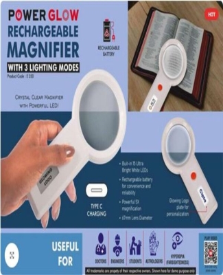 PowerGlow Rechargeable Magnifier with 3 lighting modes & Glowing Logo plate | Type C charging