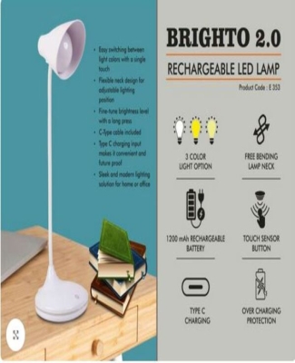 Brighto 2.0 : Rechargeable LED lamp | 3 Color light with Brightness adjustment | Type C Charging