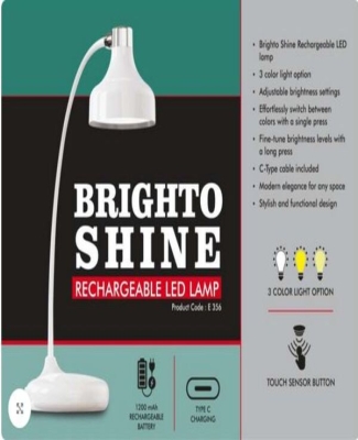 Brighto Shine : Rechargeable LED lamp | 3 Color light with Brightness adjustment | Type C Charging