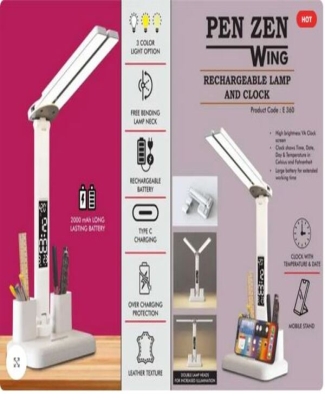 PenZen Wing: Rechargeable lamp with Dual tumbler | Clock with Temperature & Date | Double Lamp Heads | Phone stand function | 2000 mAh battery for lon