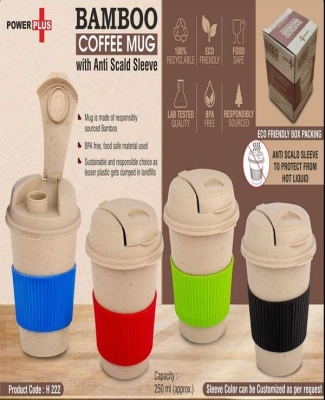 Bamboo Coffee mug: Eco friendly mug with flip top Lid and Anti-Scald sleeve | Capacity 250 ml