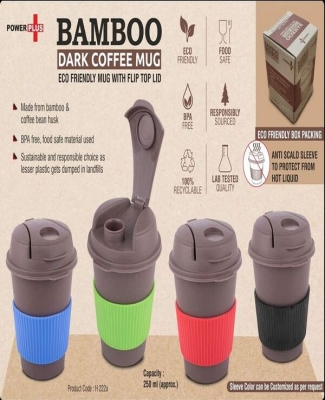 Bamboo Dark Coffee mug: Eco friendly mug with flip top Lid and Anti-Scald sleeve | Capacity 250 ml