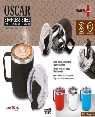 Oscar: Stainless Steel coffee mug with handle | Premium clear cap with flip top lid | Leak Proof | Capacity 350ml approx