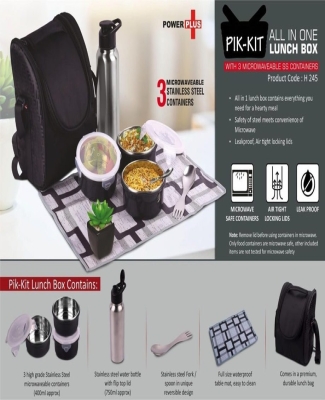 PIK-KIT: All in 1 Lunch box with 3 Microwaveable Steel containers | Contains SS bottle, Fork, Spoon, Tablemat, Premium Bag