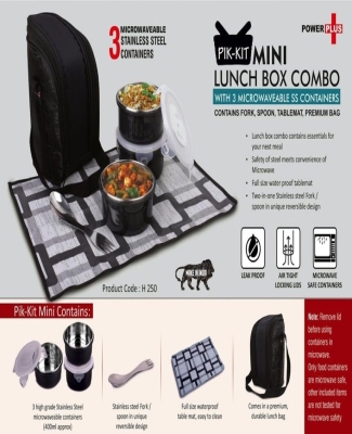 PIK-KIT mini: Lunch box combo with 3 Microwaveable Steel containers | Contains Fork, Spoon, Tablemat, Premium Bag