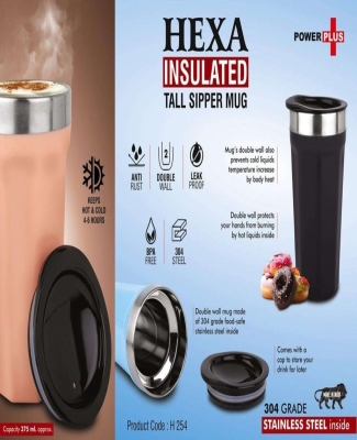 Hexa Insulated : Tall sipper mug | 304 grade Stainless steel inside | Keeps hot up to 4 hours | Capacity 375ml