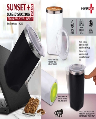 Sunset+ : Magic Suction Mug with Stainless Steel inside | Spill proof design | Leak Proof Lid | BPA Free | Capacity 360 ml approx