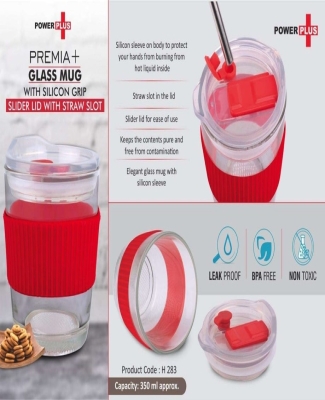 Premia+ Glass mug with Silicon Grip | Slider Lid with Straw slot | Capacity 350 ml approx