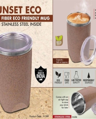 Sunset Eco: Bamboo Fiber Eco Friendly steel Mug with Stainless Steel Inside | Comes with Lid | Leak proof & BPA Free | Capacity 360 ml approx