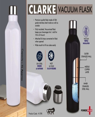 Clarke Vacuum Flask | 304 Grade Steel | Keeps hot for 18-24 hours | Copper Layer inside | Capacity 1L Approx