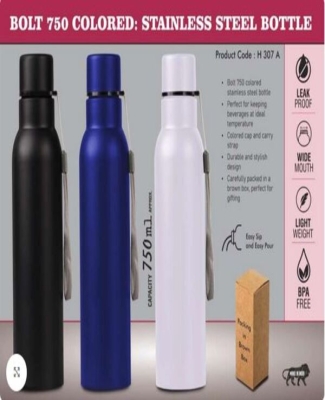 Bolt 750 Colored: Stainless steel single wall bottle | With Colored Cap and Carry strap | Capacity 750ml approx