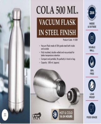 Cola 500 ml Vacuum flask in Steel Finish | 304 steel inside & outside | 18 hours hot/cold