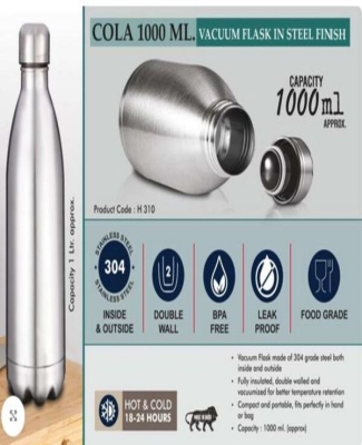 Cola 1000 ml Vacuum flask in Steel Finish | 304 steel inside & outside | 18 hours hot/cold