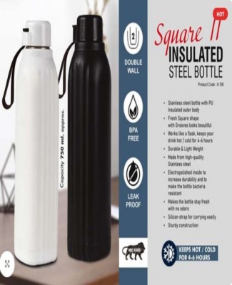 Square II: Insulated Steel Bottle | Keeps Hot & Cold for 4-6 Hours | Strap for Carrying easily | Capacity 750 ml approx