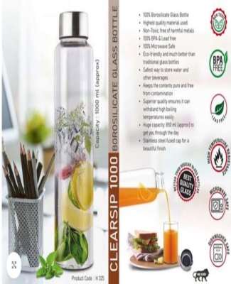 ClearSip 1000: Borosilicate Glass Bottle with Steel cap | Capacity 1000ml